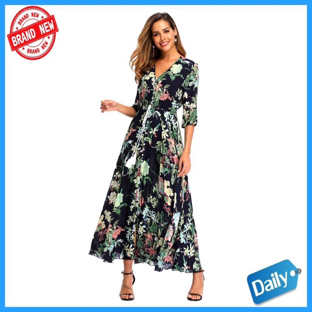 Floral Maxi Dress with Sleeves Flowy Boho Beach Casual Elegant Summer